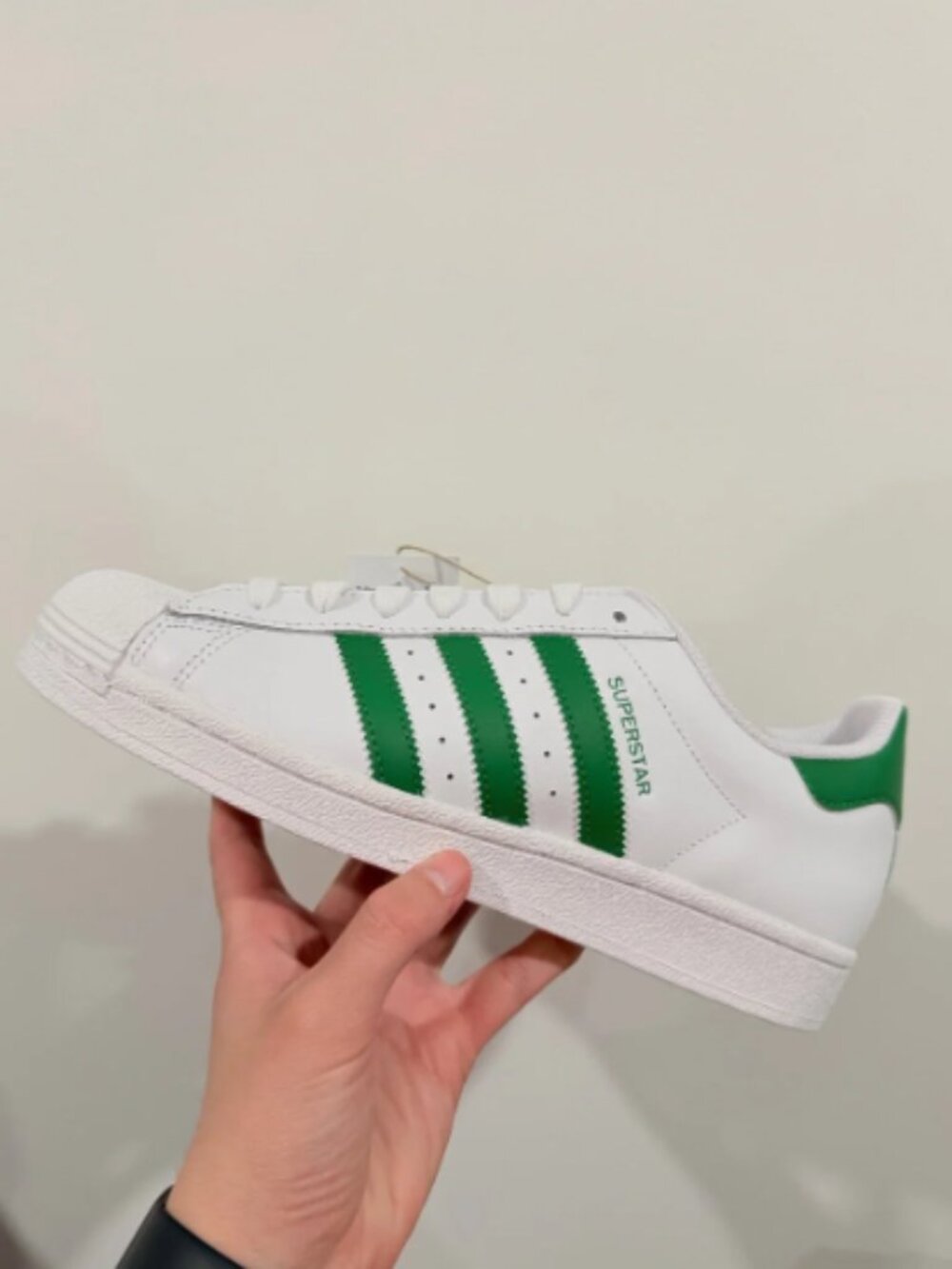 Adidas Men’s Superstar Sneaker - White with Green Stripes Size 8